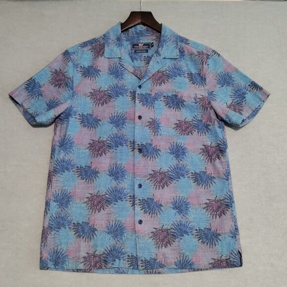Vineyard Vines Tropical Leaf Print Short Sleeve Cabana Shirt Blue Men’s Size XS - Picture 2 of 13